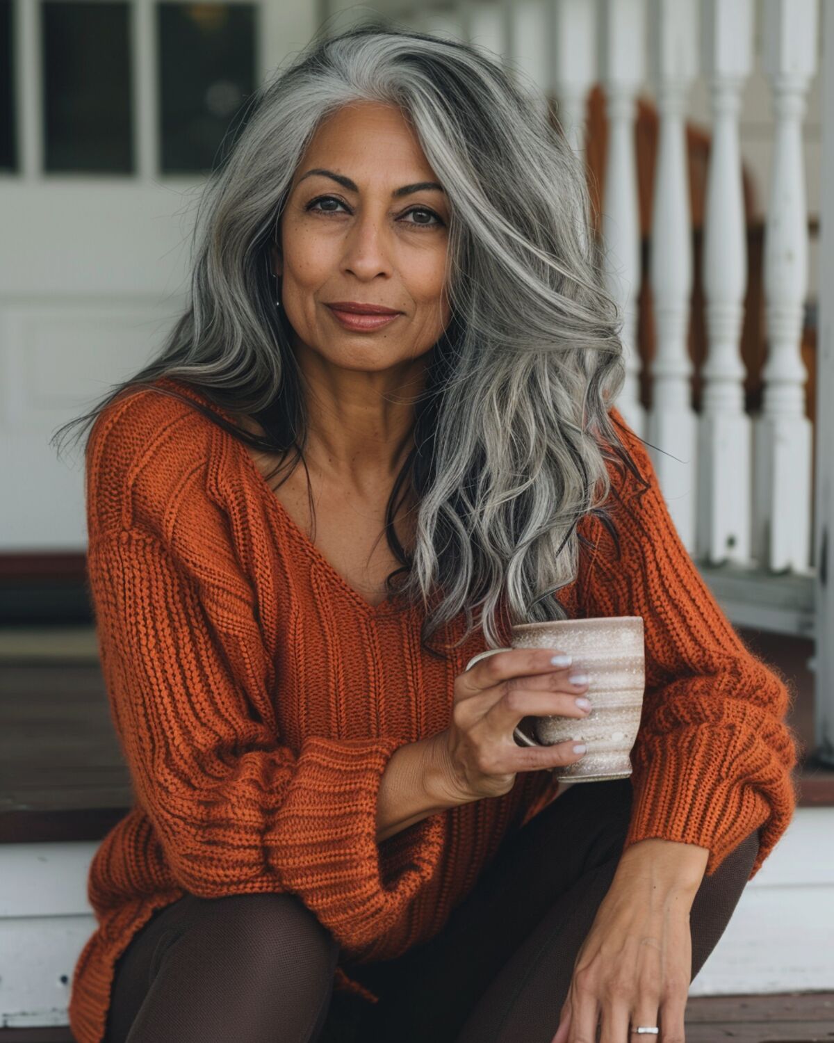 Woman smiling confidently, sitting on her front porch