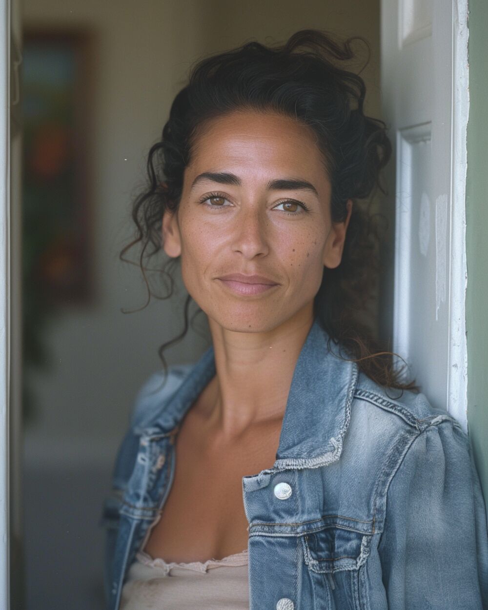 Woman leaning against a doorframe, looking confident