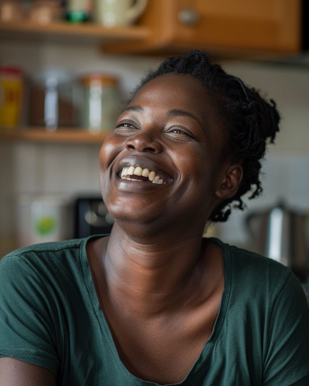 Woman laughing in her kitchen