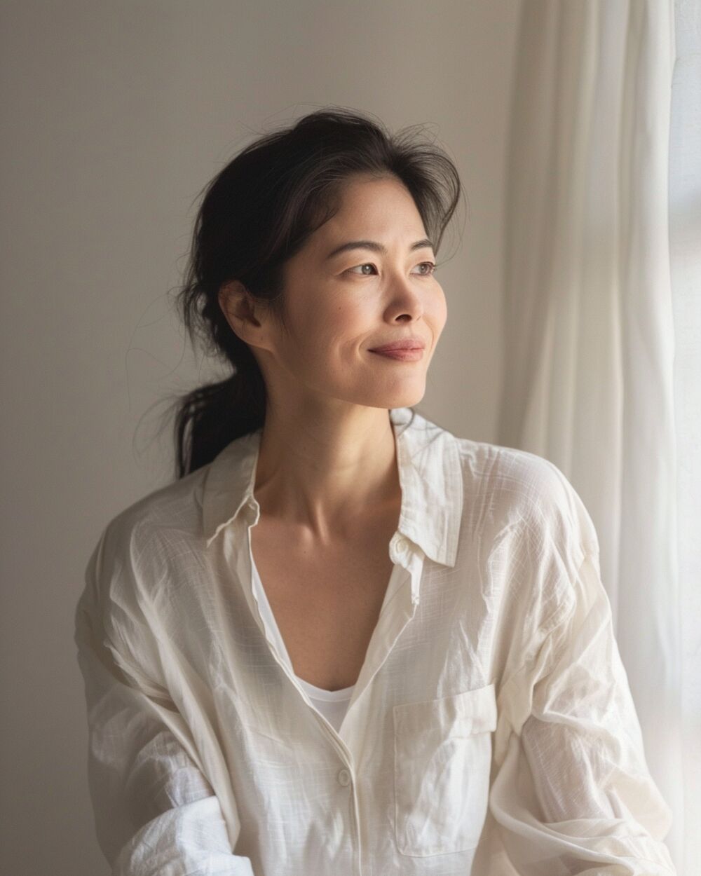 Woman looking out a window, peaceful and contemplative
