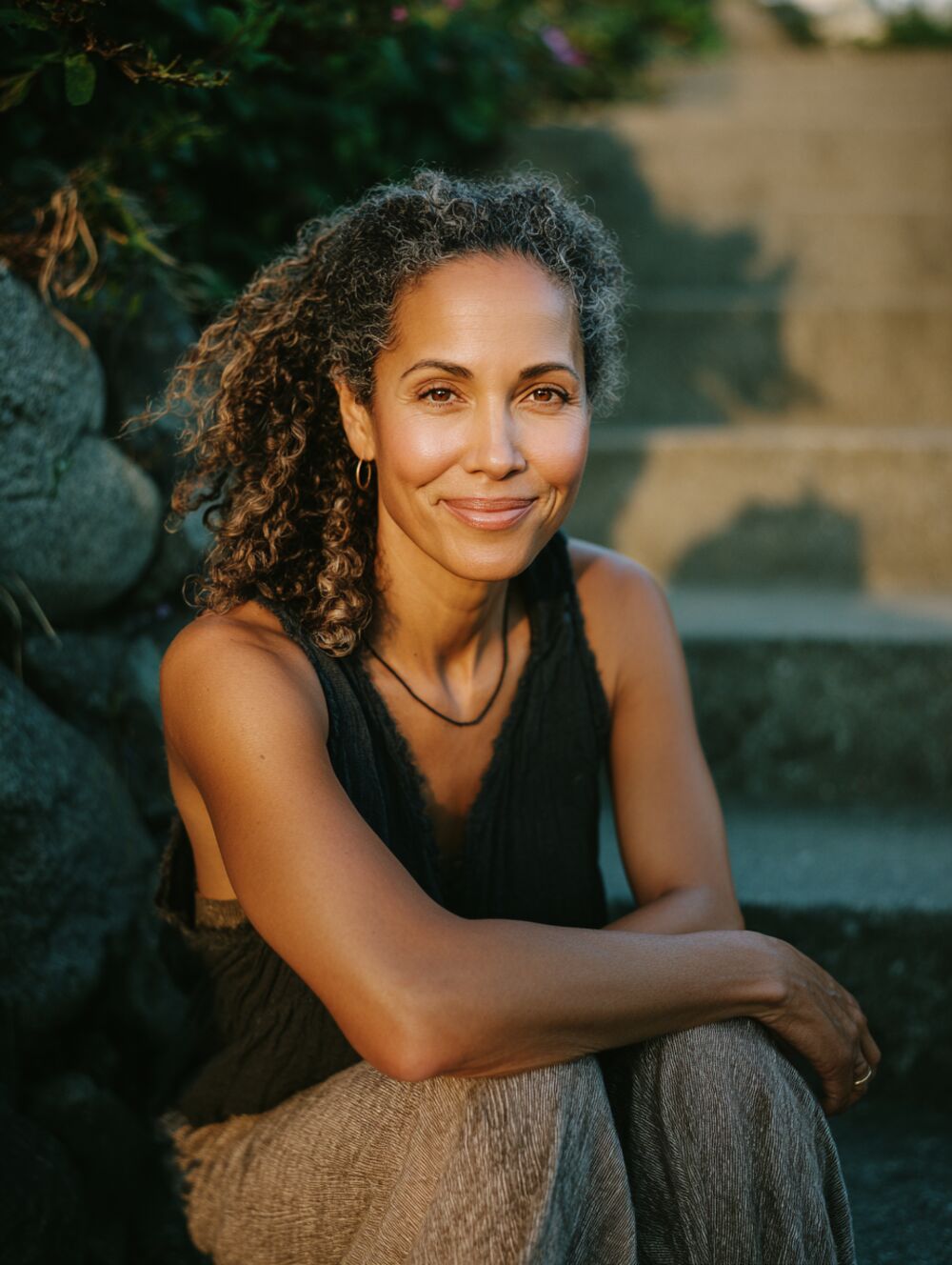 Woman smiling confidently, sitting on her front porch